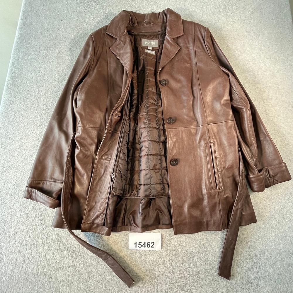 Wilsons Leather Jacket Womens XL Brown Belted Waist Notch Lapel Long Sleeve